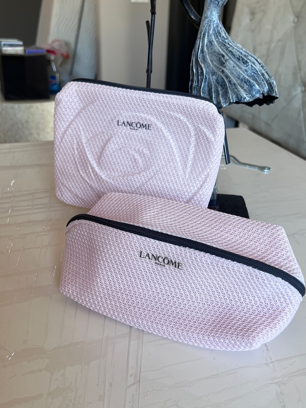 New! 2Pc Lancôme Light Pink Mesh Makeup Pouch set